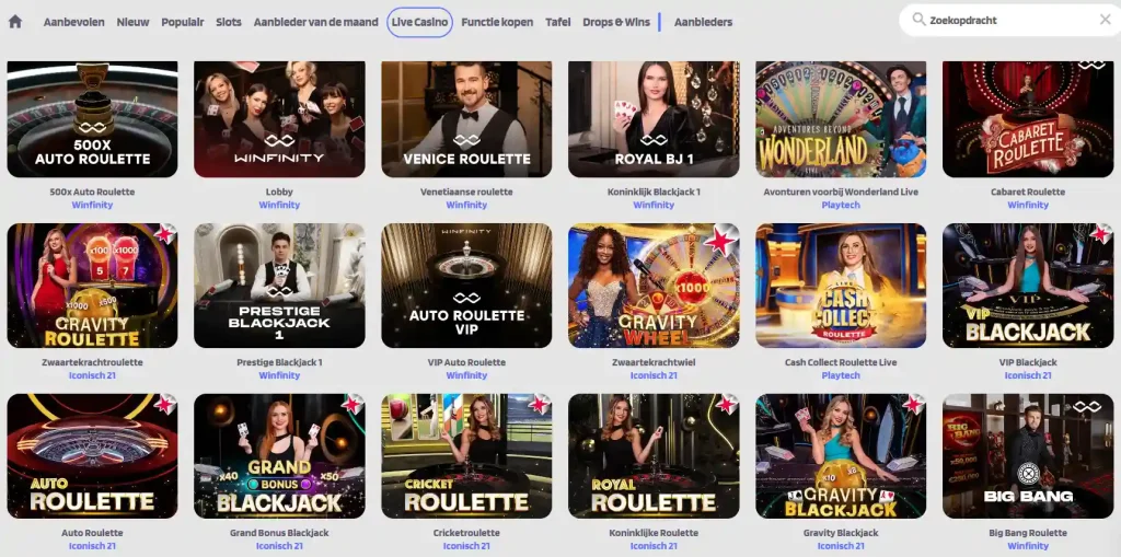 QuickSlot live casino lobby met live dealer categorieën