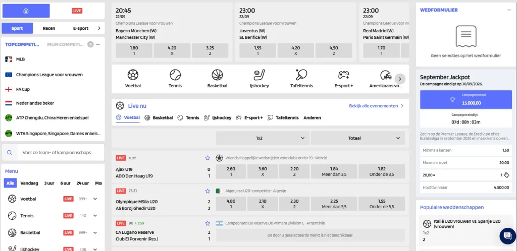 QuickSlot sportsbookinterface met sportnavigatie